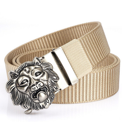 SupSindy Cureaua de nailon pentru bărbați, cu leu de lux, auriu, cu cataramă automată din metal, curele de pânză pentru bărbați, blugi la modă, curea neagră pentru bărbați