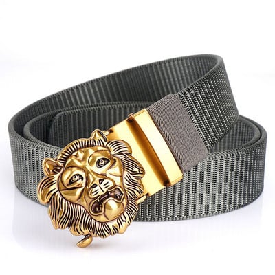 SupSindy Cureaua de nailon pentru bărbați, cu leu de lux, auriu, cu cataramă automată din metal, curele de pânză pentru bărbați, blugi la modă, curea neagră pentru bărbați