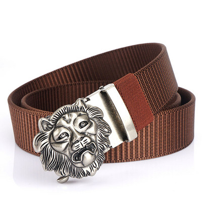 SupSindy Cureaua de nailon pentru bărbați, cu leu de lux, auriu, cu cataramă automată din metal, curele de pânză pentru bărbați, blugi la modă, curea neagră pentru bărbați