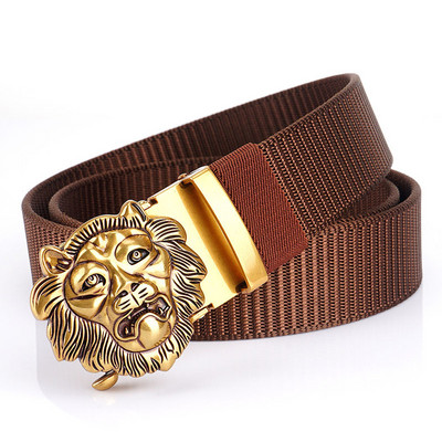 SupSindy Cureaua de nailon pentru bărbați, cu leu de lux, auriu, cu cataramă automată din metal, curele de pânză pentru bărbați, blugi la modă, curea neagră pentru bărbați