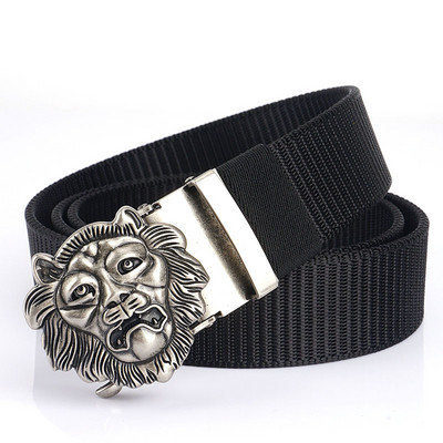 SupSindy Cureaua de nailon pentru bărbați, cu leu de lux, auriu, cu cataramă automată din metal, curele de pânză pentru bărbați, blugi la modă, curea neagră pentru bărbați