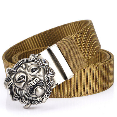 SupSindy Cureaua de nailon pentru bărbați, cu leu de lux, auriu, cu cataramă automată din metal, curele de pânză pentru bărbați, blugi la modă, curea neagră pentru bărbați