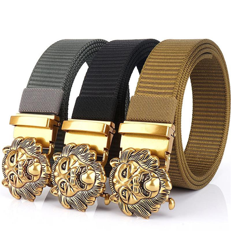 SupSindy Cureaua de nailon pentru bărbați, cu leu de lux, auriu, cu cataramă automată din metal, curele de pânză pentru bărbați, blugi la modă, curea neagră pentru bărbați