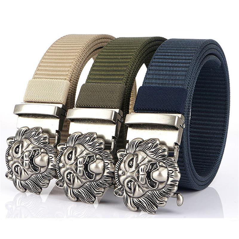 SupSindy Cureaua de nailon pentru bărbați, cu leu de lux, auriu, cu cataramă automată din metal, curele de pânză pentru bărbați, blugi la modă, curea neagră pentru bărbați