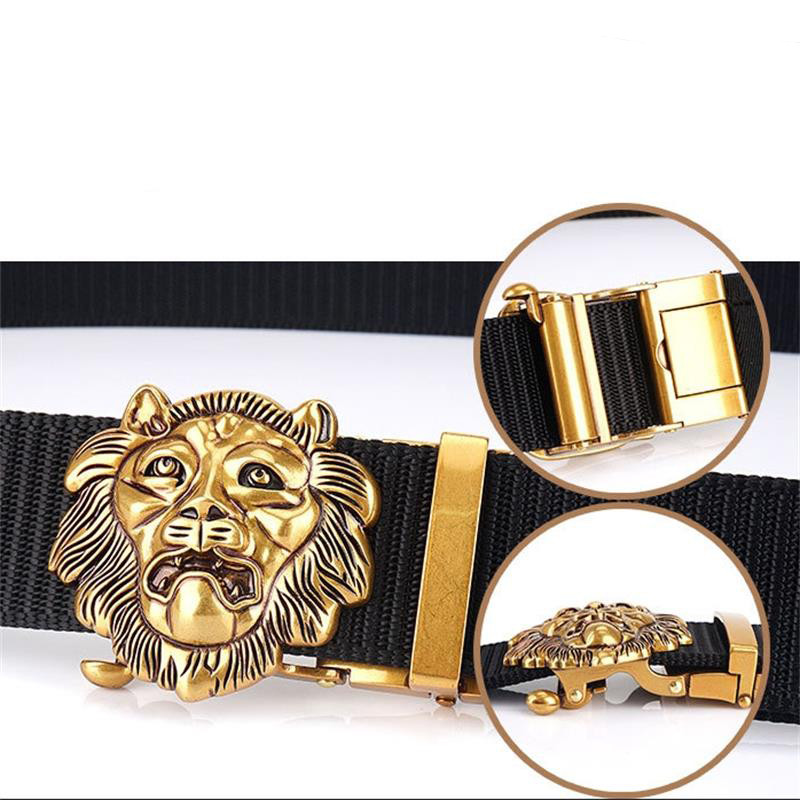 SupSindy Cureaua de nailon pentru bărbați, cu leu de lux, auriu, cu cataramă automată din metal, curele de pânză pentru bărbați, blugi la modă, curea neagră pentru bărbați