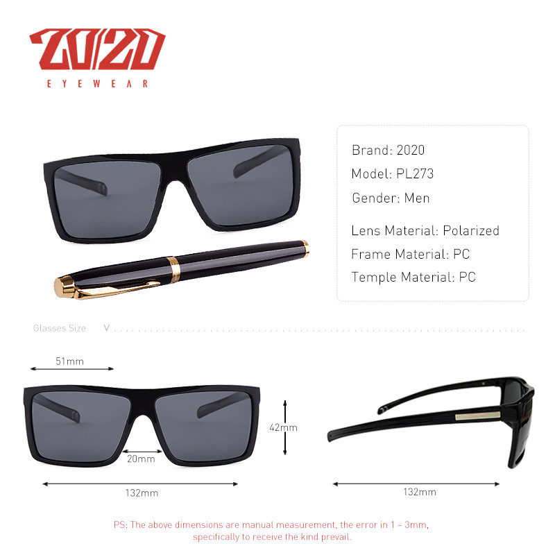 20/20 Brand Design Klasične crne polarizirane sunčane naočale Muške sunčane naočale za vožnju za muškarce Naočale s kutijom Oculos PL273