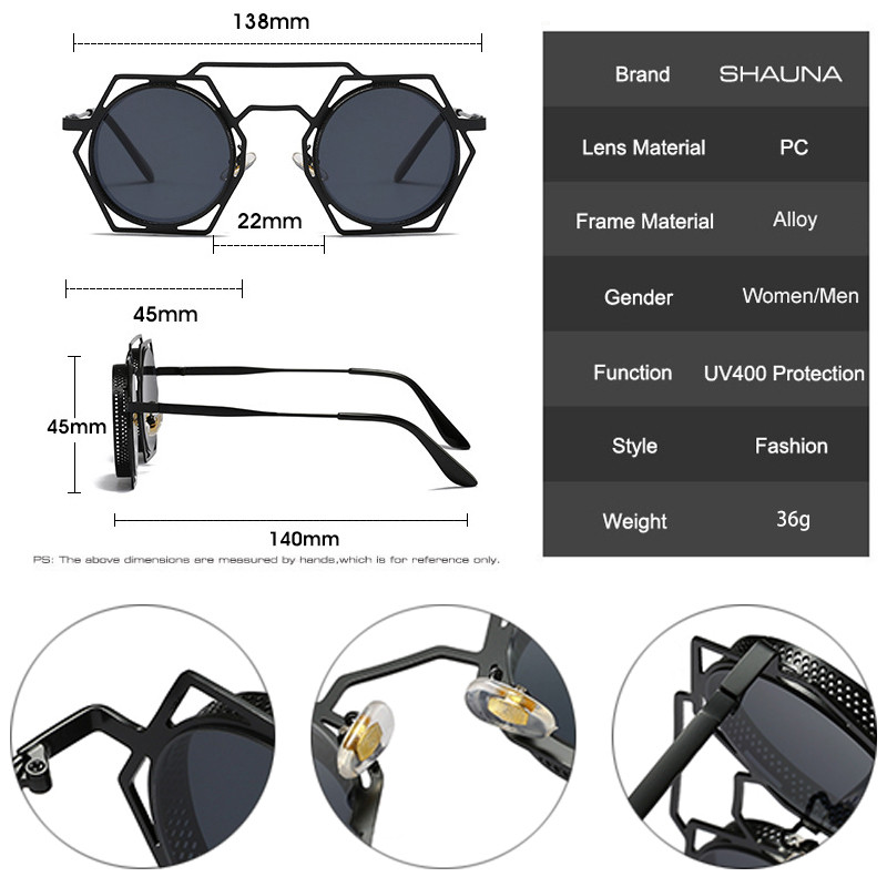 SHAUNA ochelari de soare retro, metal, poligon gol, ochelari de soare pentru femei, rotunzi, punk, bărbați, cu gradient, oglindă, umbre UV400