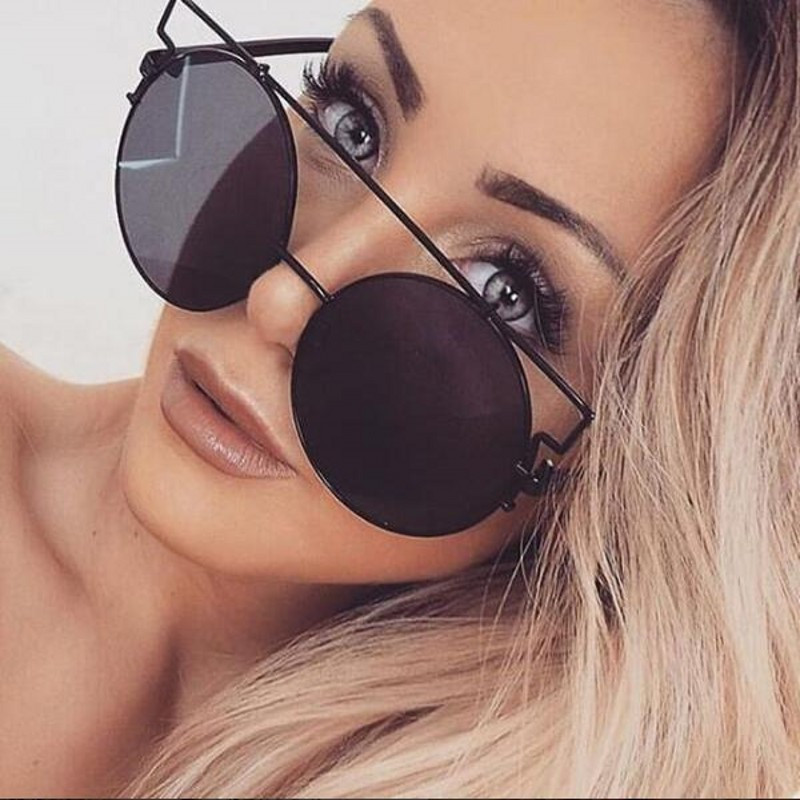 Ochelari de soare rotunzi, retro, supradimensionați, rame metalice, ochelari rotunzi mari Ochelari de soare cu oglindă roșie, cerc pentru femeie, designer de marcă de sticlă