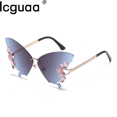 Prevelike sunčane naočale s gradijentnim leptir kristalnim dekorom, ženske dizajnerske luksuzne marke 2022., sjenila za sunčane naočale bez okvira s dijamantnim bombama