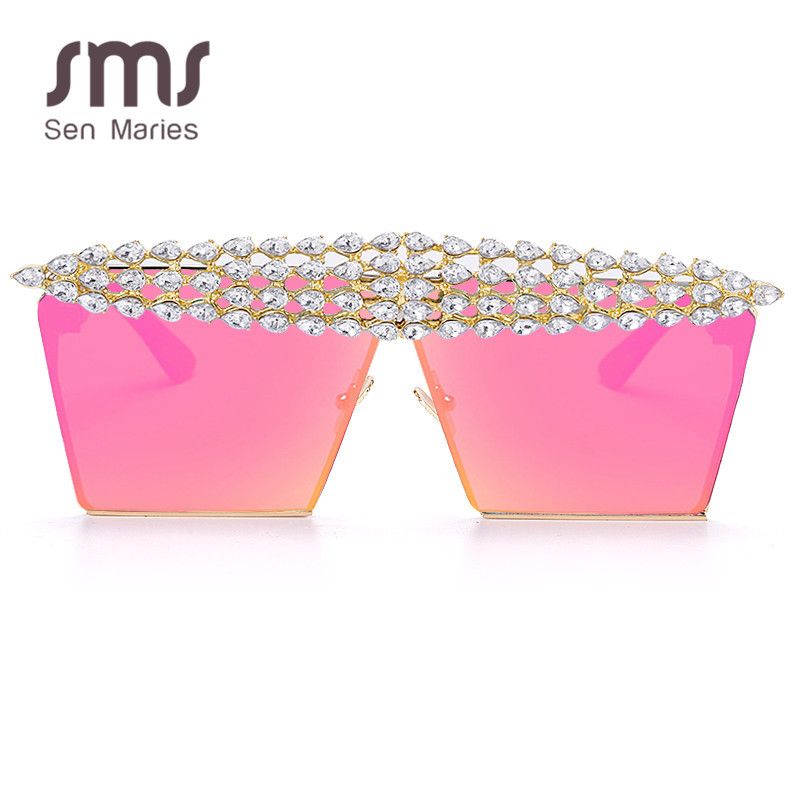 Luksuzne četvrtaste dijamantne sunčane naočale Žene Muškarci 2020. Ravni vrh Kristalne punk sunčane naočale Ogledalo sa kamenčićima Crveno ljubičaste naočale UV400