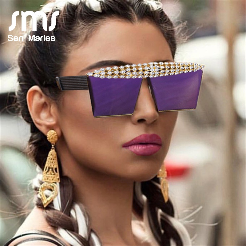 Luksuzne četvrtaste dijamantne sunčane naočale Žene Muškarci 2020. Ravni vrh Kristalne punk sunčane naočale Ogledalo sa kamenčićima Crveno ljubičaste naočale UV400
