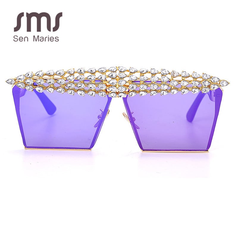 Luksuzne četvrtaste dijamantne sunčane naočale Žene Muškarci 2020. Ravni vrh Kristalne punk sunčane naočale Ogledalo sa kamenčićima Crveno ljubičaste naočale UV400