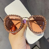 Ochelari de soare la modă 2022 pentru femei, ochelari de soare rotunzi cu strass, de designer de marcă de lux, pentru femei, UV400