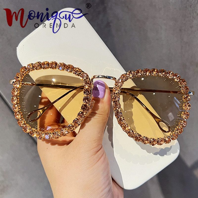 Ochelari de soare la modă 2022 pentru femei, ochelari de soare rotunzi cu strass, de designer de marcă de lux, pentru femei, UV400