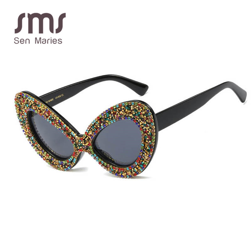 Värvilised ülisuured kassisilmade päikeseprillid naiste vintage pärlikivist päikeseprillid elegantsele daamile Üheosalised punkprillid Oculos