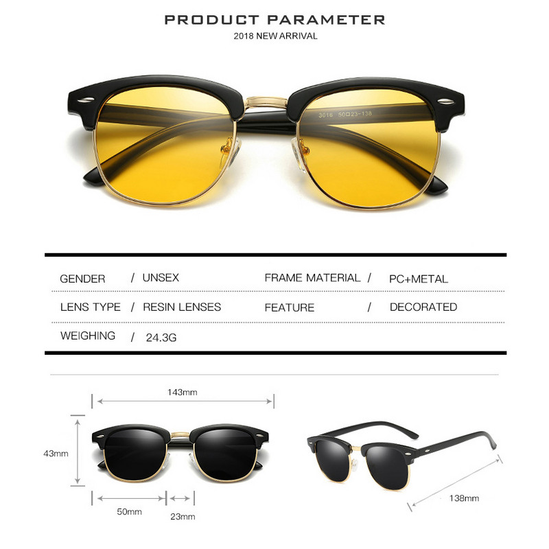 Naktinio matymo pusiau rėmeliai poliarizuoti akiniai nuo saulės, skirti vairavimui, vyriški ir moteriški matiniai pusės rėmelio TAC lęšiai saulės akiniai N110