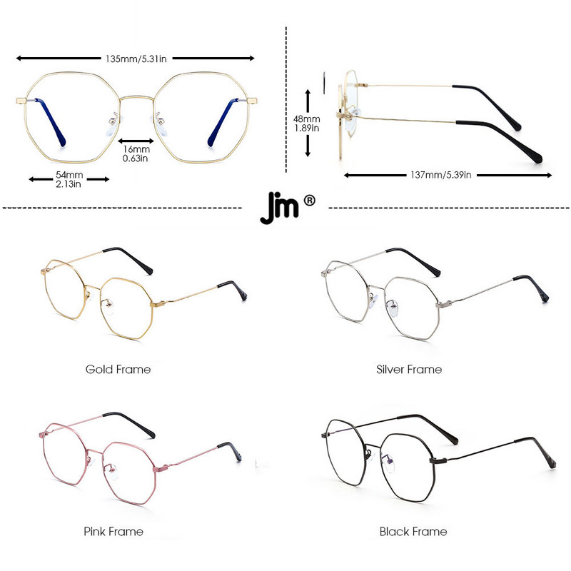 JM Fashion Designer Octagon Metal Blue Light Glasses Компютърни прозрачни мъжки жени Фалшиви очила