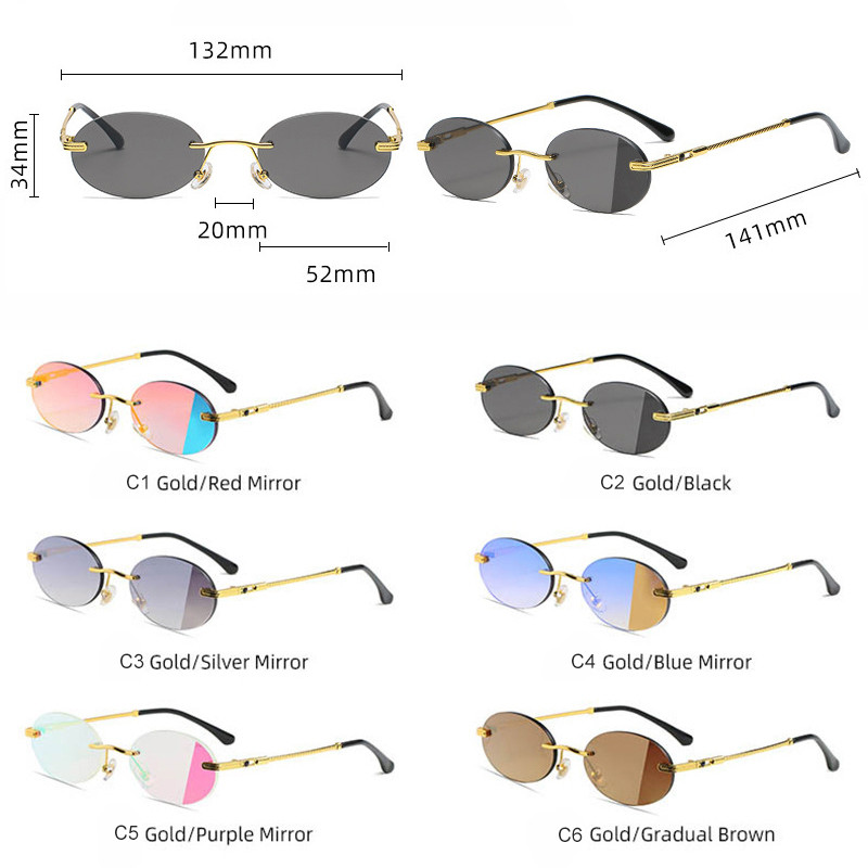 HBK Väikesed ümmargused ääristeta päikeseprillid Naistele Mehed Vintage Teevarjud Brändi Disain Raamita päikeseprillid Ovaalsed Prillid UV400