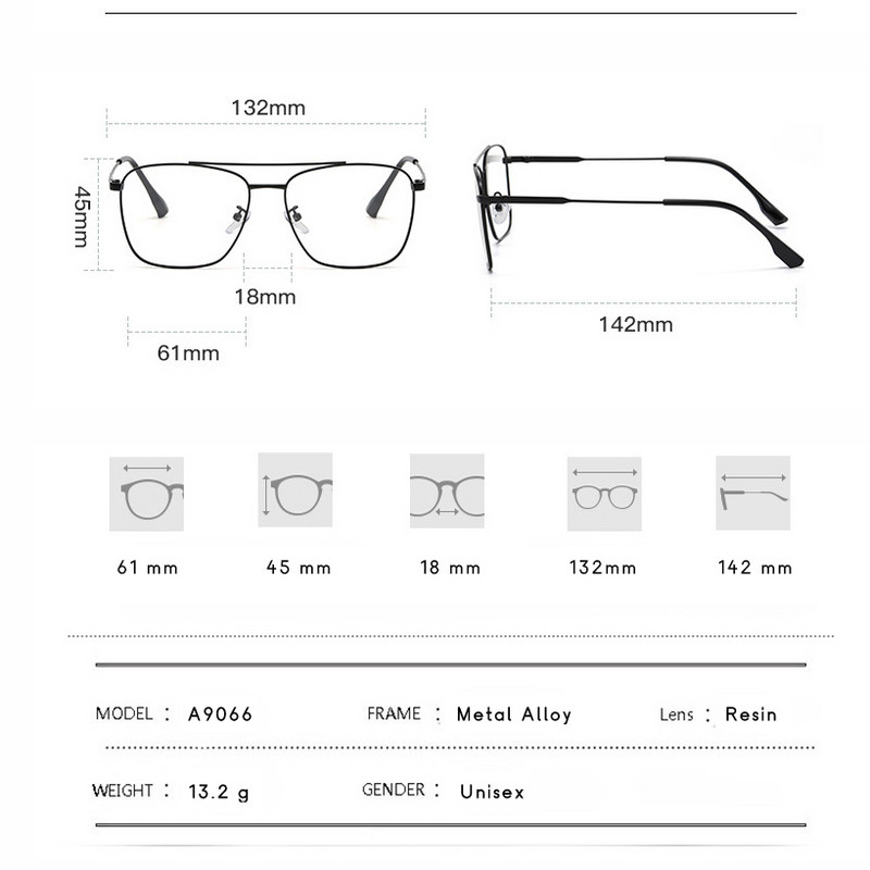 Pretzilas gaismas un fotohromas dubultstaru aizsargbrilles, vīriešu zilo staru bloķējošas datora brilles, sieviešu tuvredzības stikla rāmji A9066