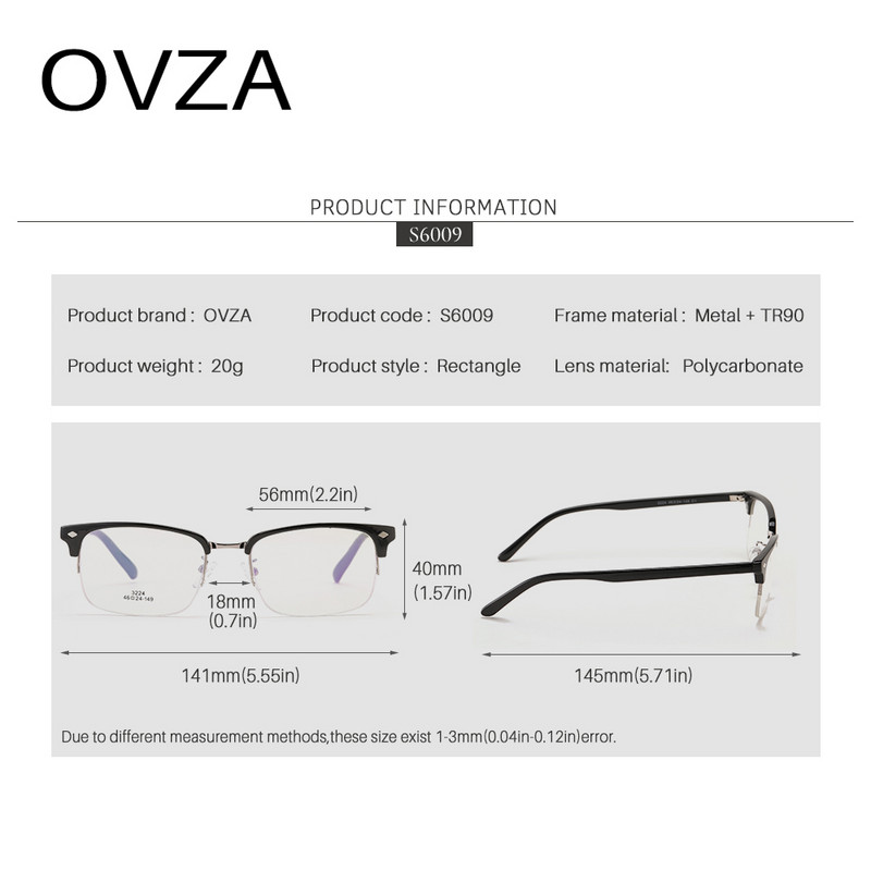 OVZA TR90 Μόδας Οπτικός Σκελετός Ανδρικά γυαλιά χωρίς στεφάνι Anti Light Blue Γυναικεία γυαλιά Οράσεως κατά της κούρασης Classic Rectangle S6009