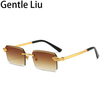 Maži stačiakampiai akiniai be rėmelių, vyriški, moteriški, leopardo akiniai nuo saulės vyrams, 2023 m. Nauji madingi vintažiniai berėmių akinių šešėliai UV400