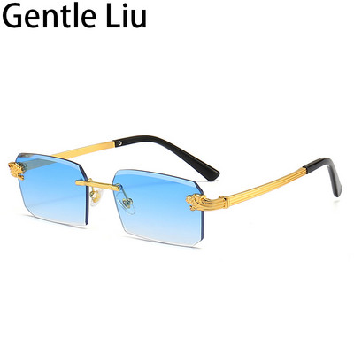 Maži stačiakampiai akiniai be rėmelių, vyriški, moteriški, leopardo akiniai nuo saulės vyrams, 2023 m. Nauji madingi vintažiniai berėmių akinių šešėliai UV400