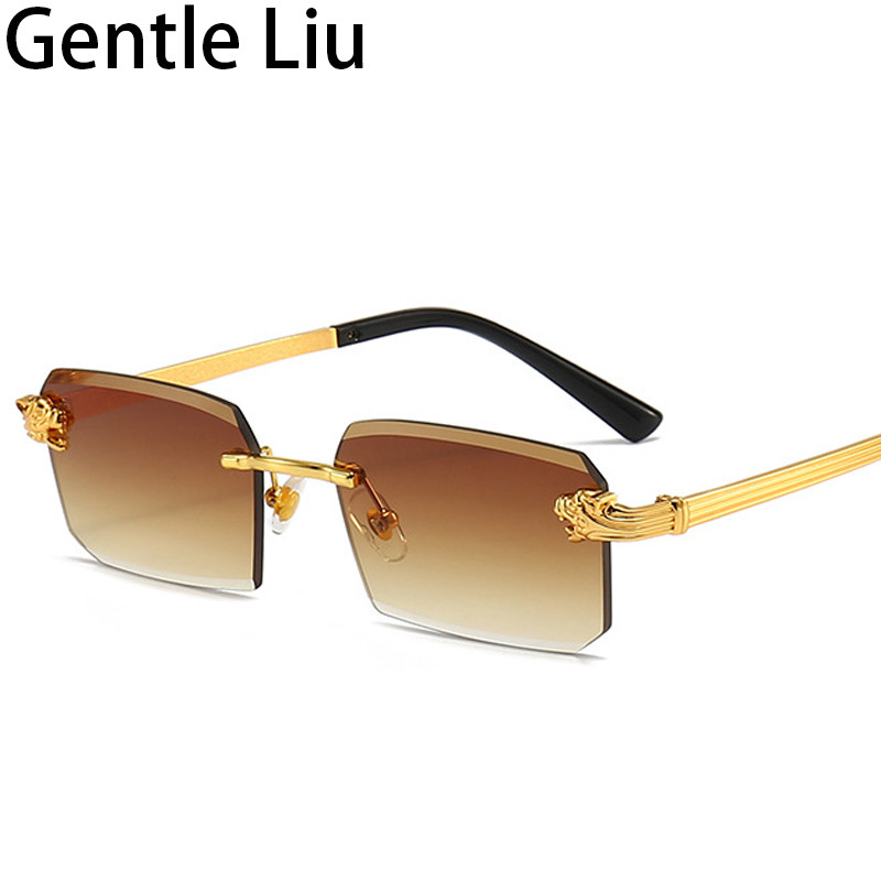 Maži stačiakampiai akiniai be rėmelių, vyriški, moteriški, leopardo akiniai nuo saulės vyrams, 2023 m. Nauji madingi vintažiniai berėmių akinių šešėliai UV400