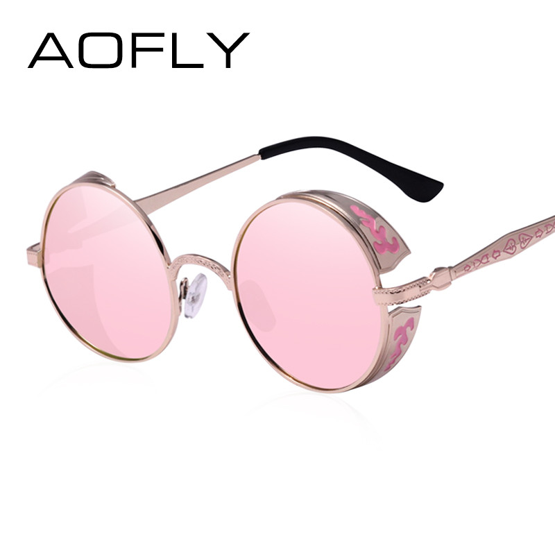 AOFLY Steampunk Vintage Sunglass Fashion apvalūs akiniai nuo saulės moteriški prekės ženklo dizainerio metalo raižybos akiniai nuo saulės vyriški oculos de sol S1635