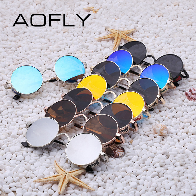 AOFLY Steampunk Vintage Sunglass Fashion apvalūs akiniai nuo saulės moteriški prekės ženklo dizainerio metalo raižybos akiniai nuo saulės vyriški oculos de sol S1635