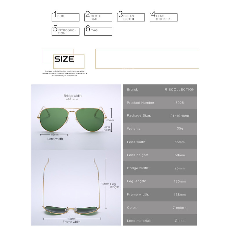 R.BCOLLECTION Glass lens metalni okvir zrakoplovne sunčane naočale 3025 žene muškarci ženski brand oculos vintage sunčane naočale s kutijom