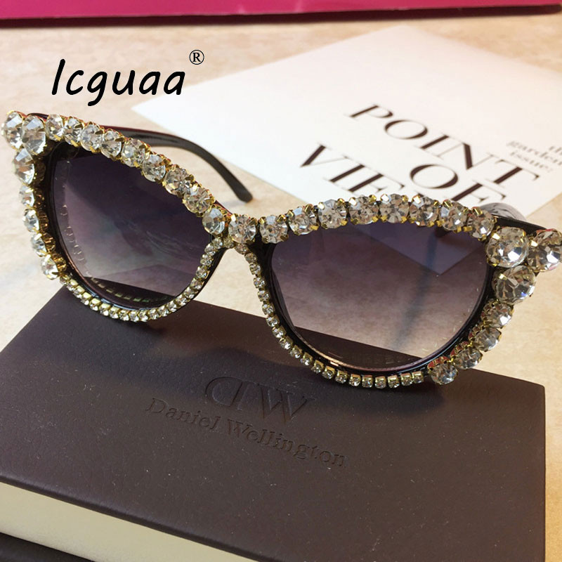 Модни дамски слънчеви очила CatEye BlingBling Diamond Crystal Котешко око Рамка от кристали Дамски слънчеви очила