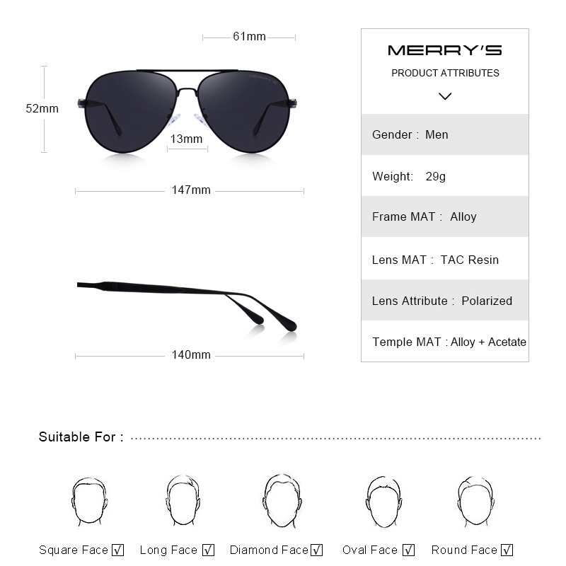 MERRYS DESIGN Vyriški klasikiniai HD poliarizuoti akiniai nuo saulės Pilot akiniai nuo saulės vyrams vyriški akiniai UV400 apsauga S8309