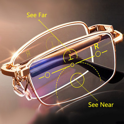 Salokāmas lasīšanas brilles Pārnēsājamas progresīvas biofokālās brilles Vīriešu Vecākiem Presbiopiskas brilles ar ādas futrālīti pret zilo starojumu