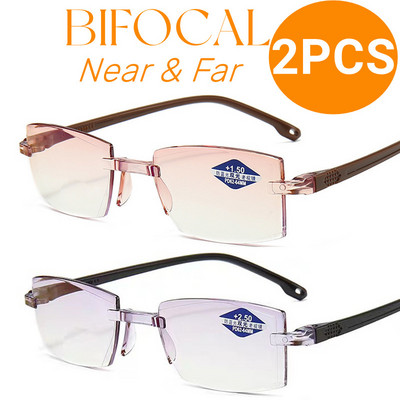 2PCS Rimless Bifocal Progressive Reading Glasses Men Women Near and Far Anti-blue Light Eyesglasses Rectangular Glasses Eyewear