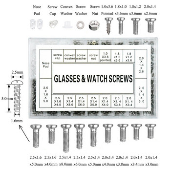 1 комплект очила, слънчеви очила, очила, часовник, малки винтове, гайка, асортимент, инструмент за ремонт, разнообразен комплект, използван за фиксиране на очила/часовници