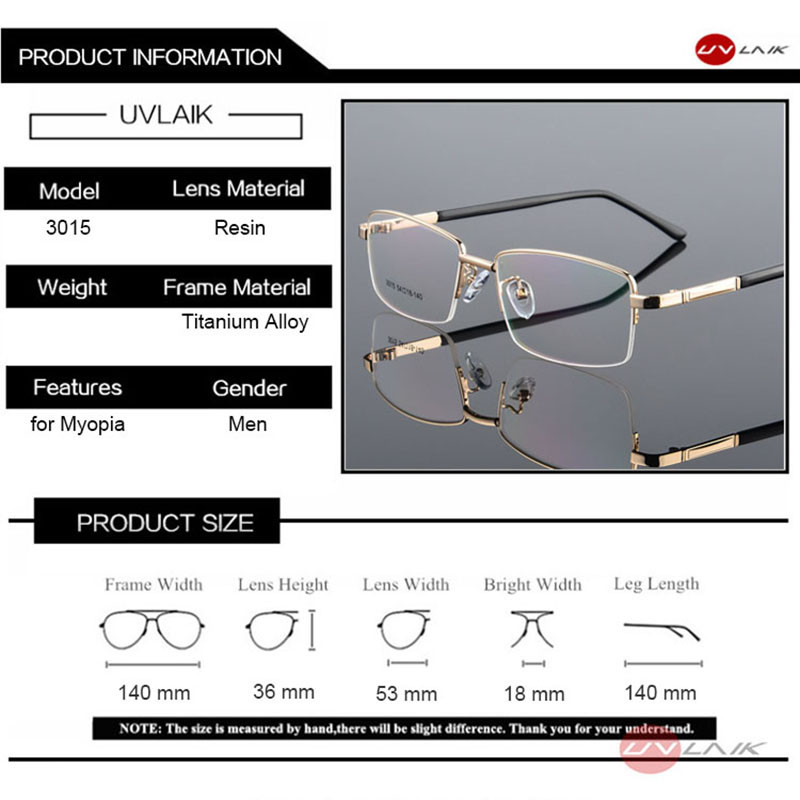 Γυαλιά UVLAIK από κράμα τιτανίου Σκελετός Ανδρικά Γυαλιά Γυαλιών Επαγγελματικής Μισής Σκελετού Ανδρικά Διαφανή Οπτική Μυωπία Συνταγογραφούμενα γυαλιά
