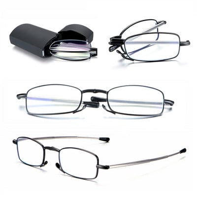 1 db összecsukható olvasószemüveg női tokkal Hordozható fém teleszkópos forgatható, nagy felbontású férfi presbyopia szemüveg + 1,0–4,0