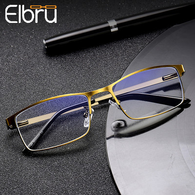 Elbru Мъжки очила за четене със син филм от смола Дамски метални очила с половин рамка с хиперметропия 1,5 2,0 2,5 3,0 3,5 4,0 диоптъра За мъже