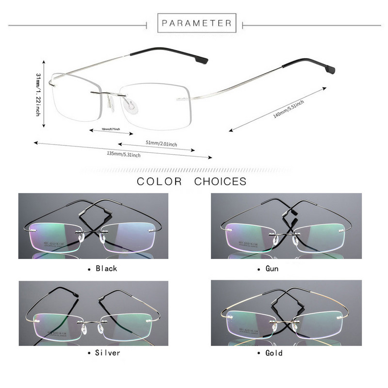 Bezskrūvējams vīriešu titāna sakausējuma briļļu ietvars bez apmalēm , īpaši viegls tuvredzības optiskais rāmis , bezskrūvējamas bezrāmju brilles F861