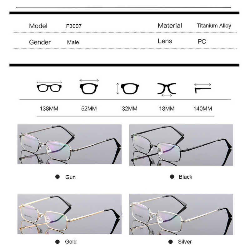 52-18-140 Muški i ženski četvrtasti okviri za optičke naočale od legure titana, okviri za dioptrijske naočale za kratkovidnost i dalekovidnost F3009