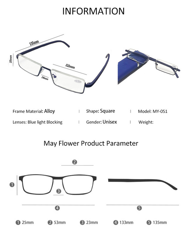 2022-es új fém, kék színű fény elleni olvasószemüvegek férfi félkeretes dioptriás szemüvegek Férfi TR90 szemüveg tokkal +1,75