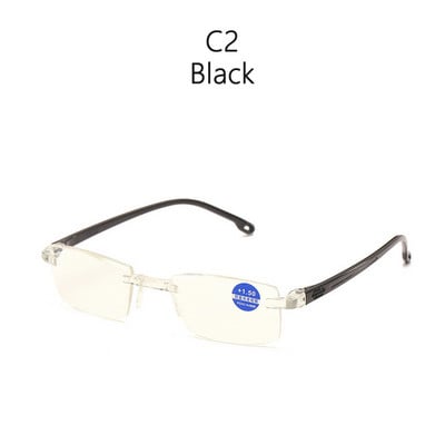 Anti kék fényt blokkoló keret nélküli olvasószemüvegek női férfi négyzet alakú keret nélküli presbyopiás szemüvegek Dioptria +1,0 1,5 2 2,5 4,0