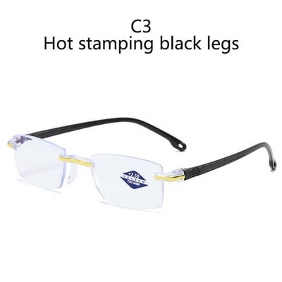 Anti kék fényt blokkoló keret nélküli olvasószemüvegek női férfi négyzet alakú keret nélküli presbyopiás szemüvegek Dioptria +1,0 1,5 2 2,5 4,0