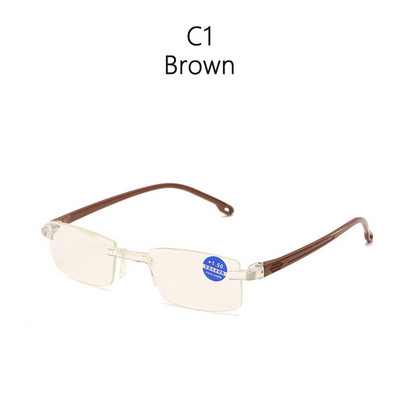 Anti kék fényt blokkoló keret nélküli olvasószemüvegek női férfi négyzet alakú keret nélküli presbyopiás szemüvegek Dioptria +1,0 1,5 2 2,5 4,0
