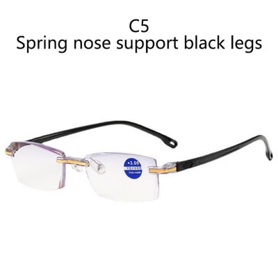 Anti kék fényt blokkoló keret nélküli olvasószemüvegek női férfi négyzet alakú keret nélküli presbyopiás szemüvegek Dioptria +1,0 1,5 2 2,5 4,0