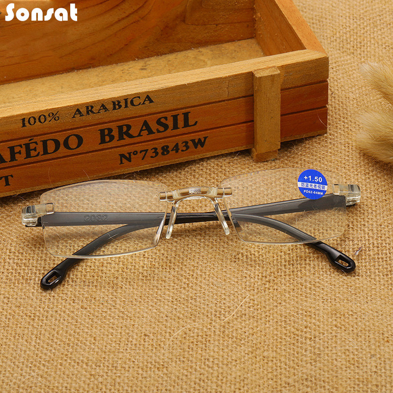 Anti kék fényt blokkoló keret nélküli olvasószemüvegek női férfi négyzet alakú keret nélküli presbyopiás szemüvegek Dioptria +1,0 1,5 2 2,5 4,0