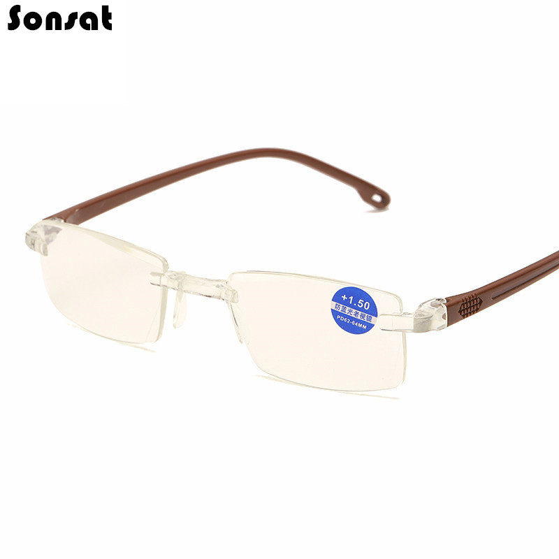 Anti kék fényt blokkoló keret nélküli olvasószemüvegek női férfi négyzet alakú keret nélküli presbyopiás szemüvegek Dioptria +1,0 1,5 2 2,5 4,0