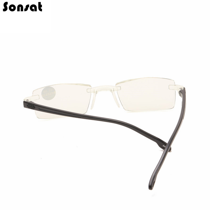 Anti kék fényt blokkoló keret nélküli olvasószemüvegek női férfi négyzet alakú keret nélküli presbyopiás szemüvegek Dioptria +1,0 1,5 2 2,5 4,0