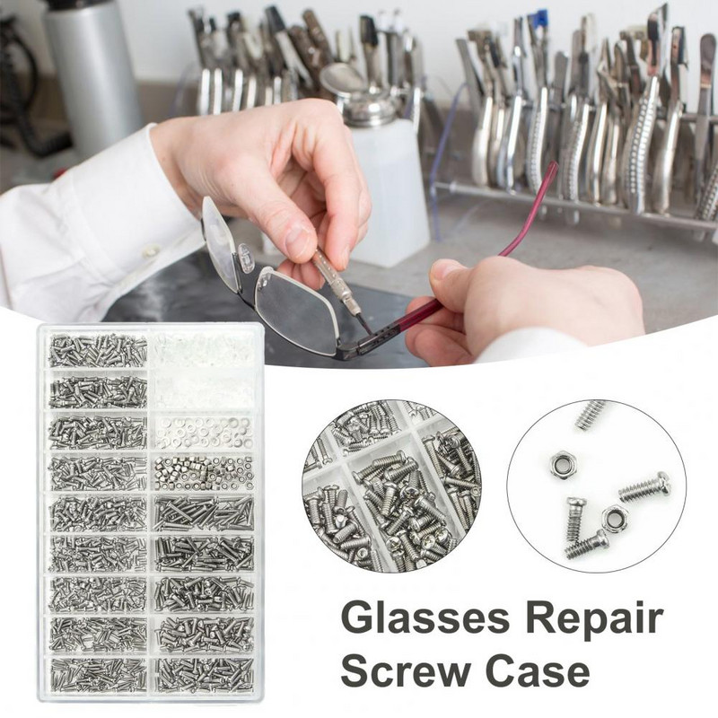 1000 gab. Pilna diapazona pārnēsājamas, kompaktas ar skrūvēm paredzētas brilles, nerūsējošā tērauda remonta stikli 18 dažādu veidu remonta skrūvju kaste