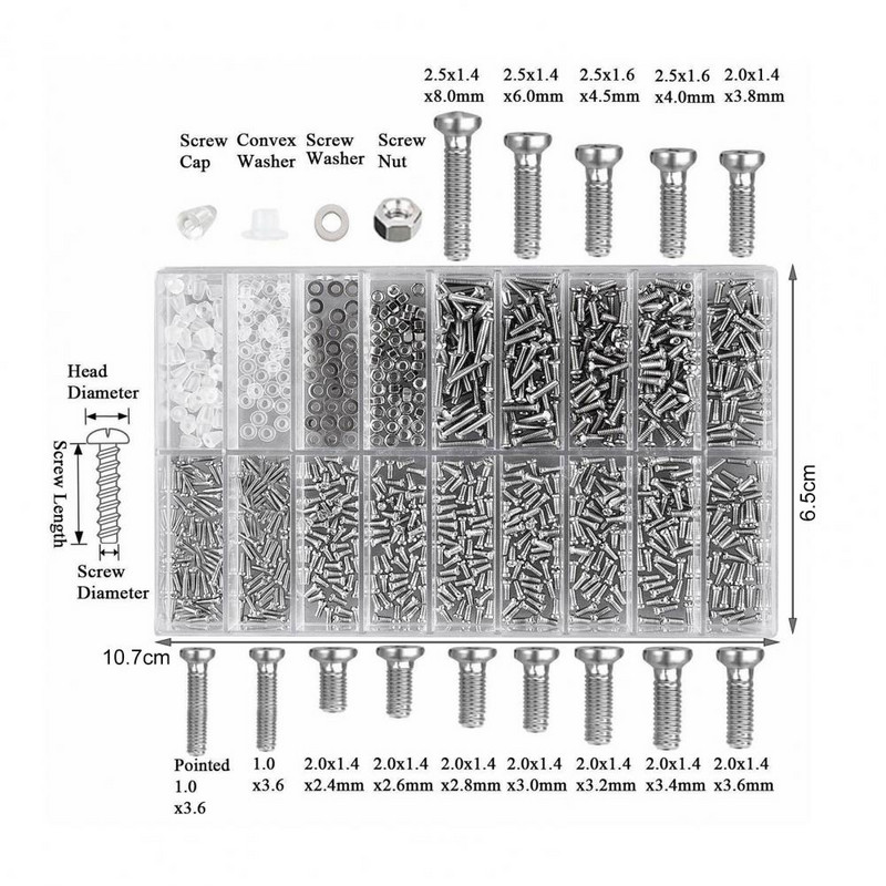 1000 gab. Pilna diapazona pārnēsājamas, kompaktas ar skrūvēm paredzētas brilles, nerūsējošā tērauda remonta stikli 18 dažādu veidu remonta skrūvju kaste